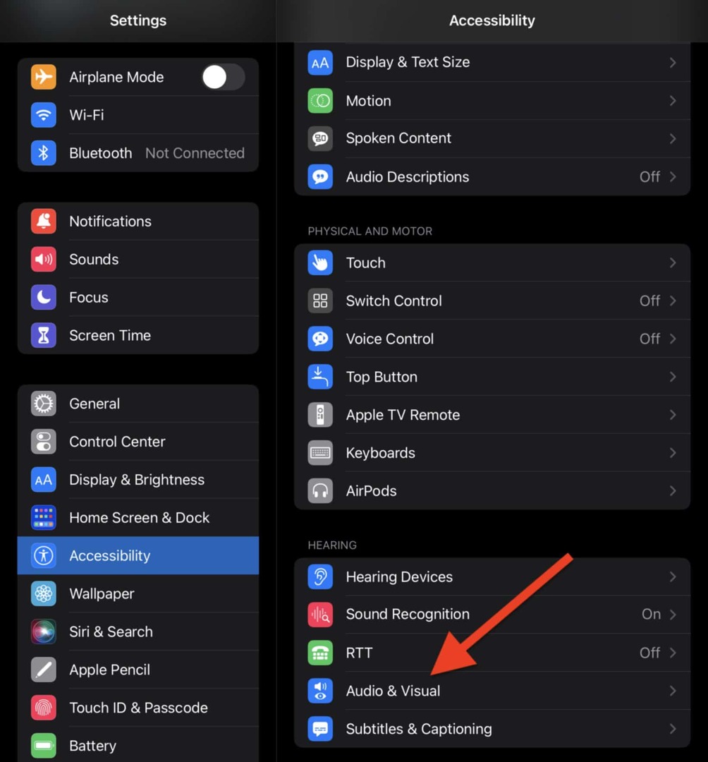 Vælg Audio & Visual i tilgængelighedsindstillingerne på din iPad