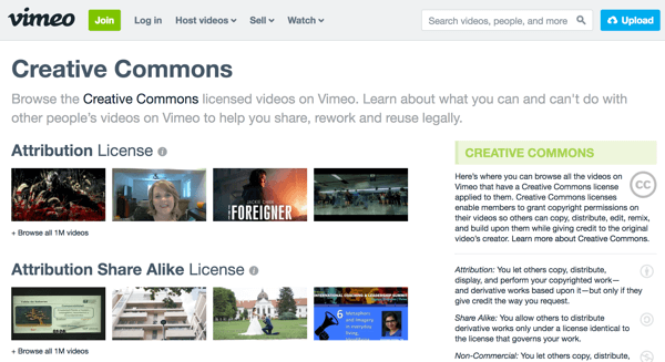 Vimeo grupperer videofilm efter licenstype og inkluderer forklaringer på hver type til højre.