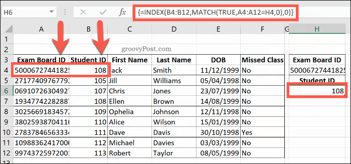 Et eksempel på en kombineret INDEX- og MATCH-formel i Excel