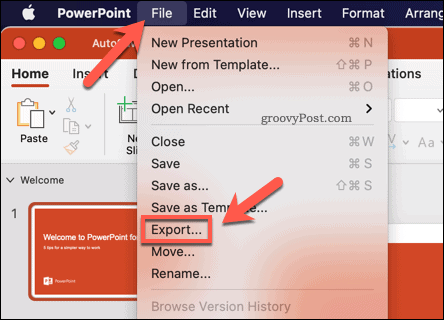 Eksport af en PowerPoint-præsentation som en video på Mac