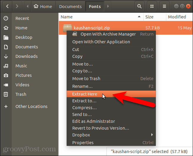 Uddrag fontfilen i Nautilus i Ubuntu