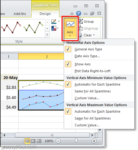 ændre tændstængeraksen i Excel 2010