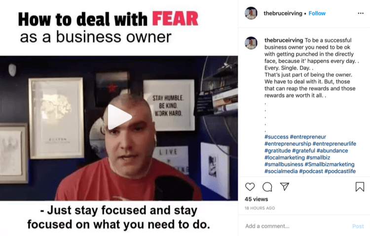 Bruce Irving Instagram-indlæg om, hvordan man håndterer frygt som virksomhedsejer