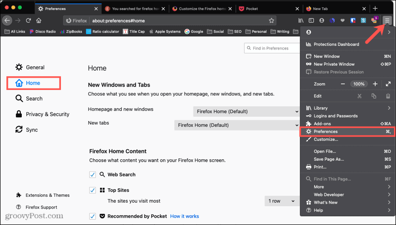 Firefox Preferences Home på Mac