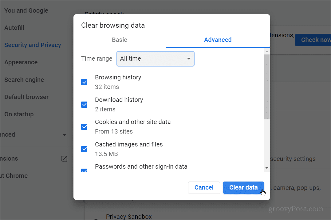 Ryd chrome-data rettelse err_cache_miss i google chrome