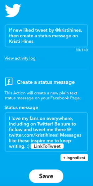Byg en IFTTT-applet for at dele tweets, du kan lide, til din Facebook-side.