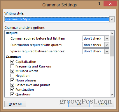 Word 2013 konfigurere menuen for grammatikindstillinger