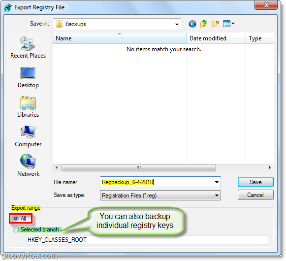 gem registreringsdatabasen sikkerhedskopi i windows 7 og vista