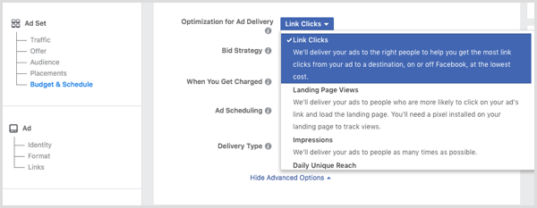 Vælg Link klik fra rullelisten Optimering til annoncevisning, når du konfigurerer din Facebook-annonce.