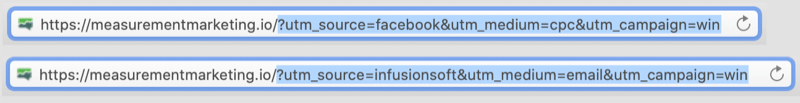 eksempel på webadresser med utm-tags kodet ind med utm-delen af ​​webadresserne fremhævet, der viser facebook / cpc og infusionsoft / email som parametre for kampagnen for vinding