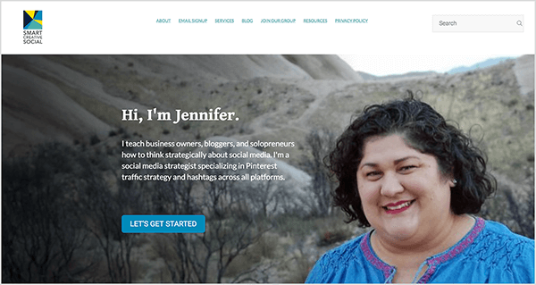 Dette er et screenshot af hjemmesiden for Smart Creative Social, Jennifer Priests bureau for sociale medier.