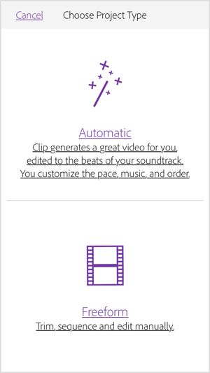 Vælg Automatisk for at få Adobe Premiere Clip til at oprette en video til dig.
