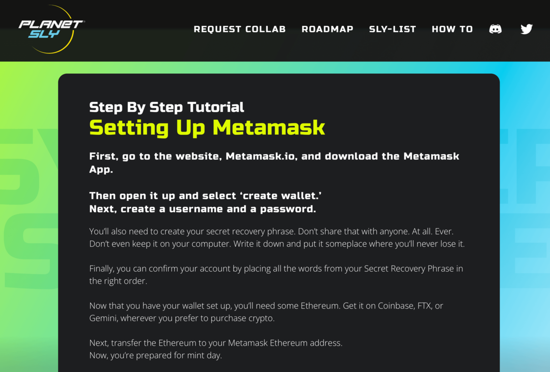 billede af Metamask tutorial på PlanetSLY hjemmeside