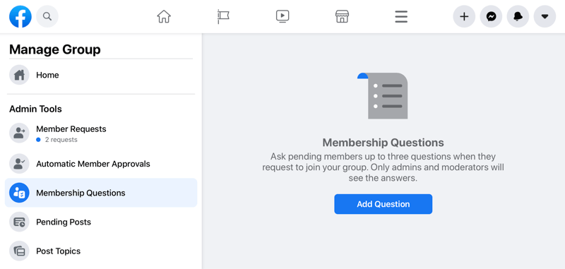facebook administrer gruppemulighed, der fremhæver muligheden for medlemskabsspørgsmål