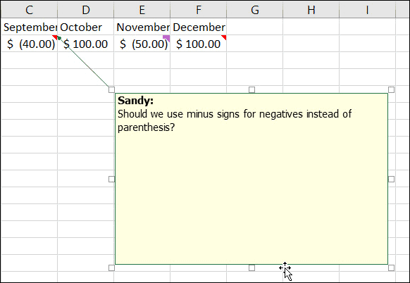 Tilpas størrelse eller flyt noter i Excel