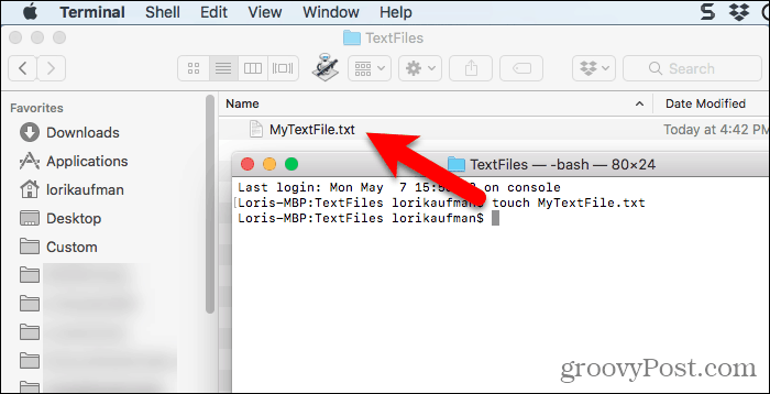 Tekstfil oprettet ved hjælp af touch-kommando i Terminal på Mac