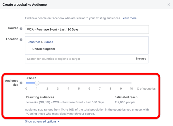 Mulighed for målgruppestørrelse, når du opretter dit Facebook Lookalike-publikum fra dit tilpassede publikum.