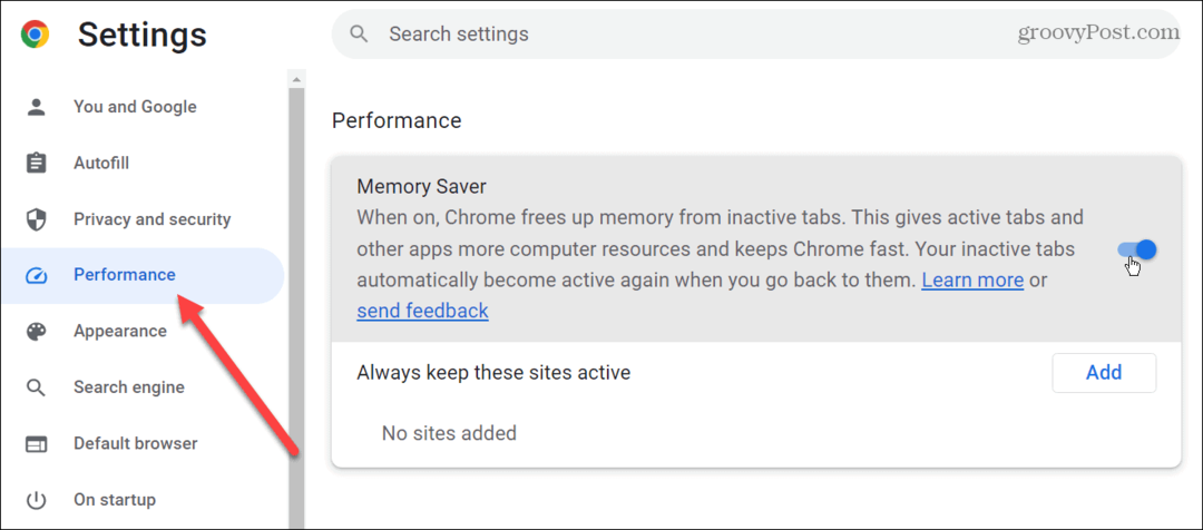 Aktiver faner til hukommelsesbesparelse i Google Chrome
