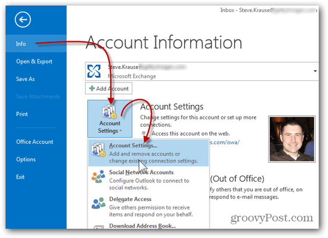 Tilføj postkasse Outlook 2013 - Klik på Info Kontoindstillinger