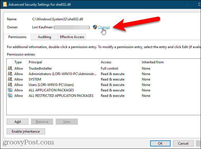Klik på Skift for ejeren i dialogboksen Avancerede sikkerhedsindstillinger i Windows Registry Editor