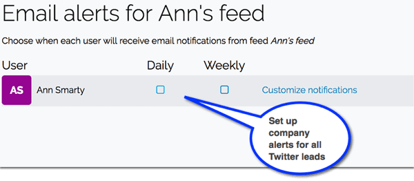 I Leadfeeder skal du oprette e-mail-meddelelser om nye kundeemner, der kommer fra Twitter.