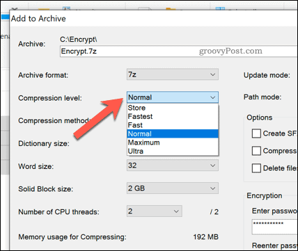 Indstillinger for filkomprimering til en 7zip arkivfil i Windows 10