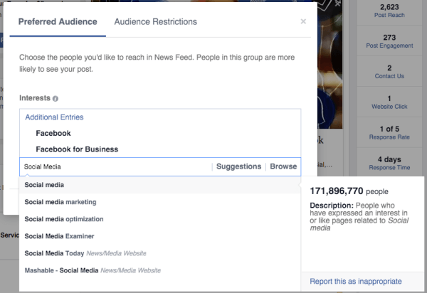 facebook publikumsoptimering foretrukne publikumsinteresser
