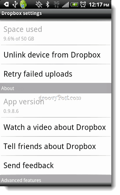 Afinstallation af Android Dropbox