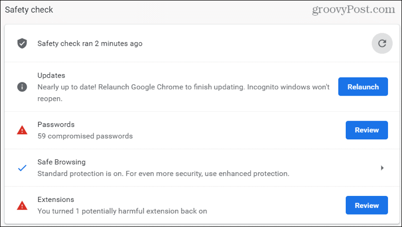 Chrome-sikkerhedskontrolresultater