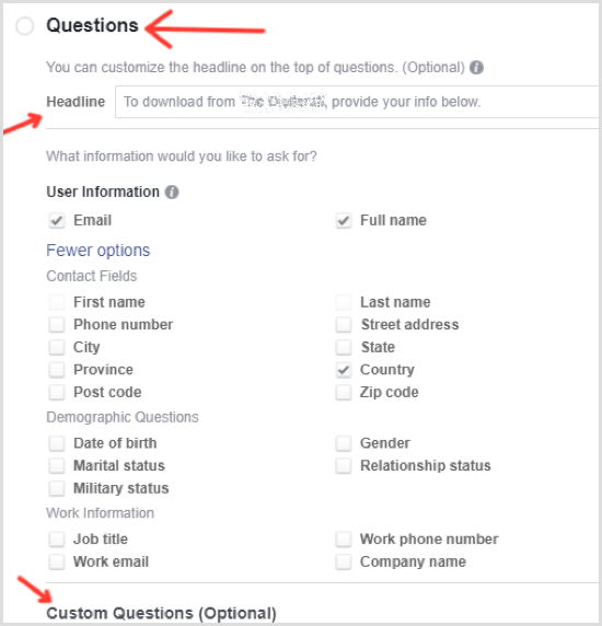 Facebook-ledende annoncer valgte spørgsmål