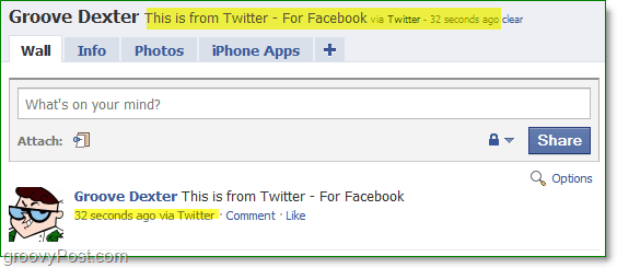 et kig på en facebookprofil, hvor status er blevet opdateret ved hjælp af twitter