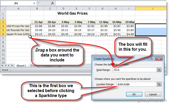 vælg dataområdet for din Excel 2010-sparkline