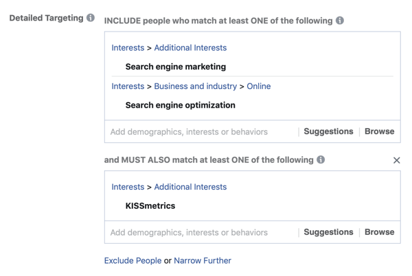 Eksempel på at lægge dine resultater i dine Facebook-annoncer publikumsinteresser ved at bruge OGSÅ matchfeltet.