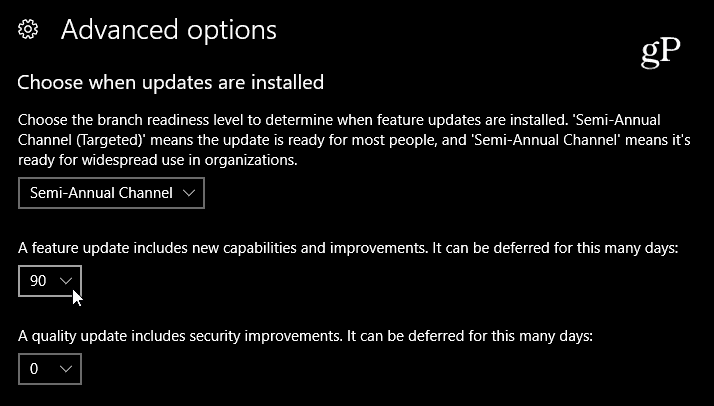 Vælg forsinkelse af Feature Update Windows 10