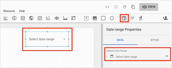 Klik på værktøjet Datointerval på værktøjslinjen, og tegn et felt i det område af diagrammet, hvor du vil tilføje kontrolelementet.