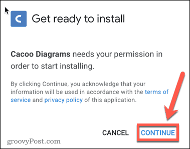Bekræfter installationen af ​​Google Docs Cacoo-tilføjelsen