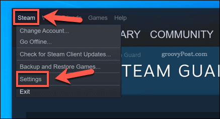 Steam-indstillingsmulighed i Windows 10-klient