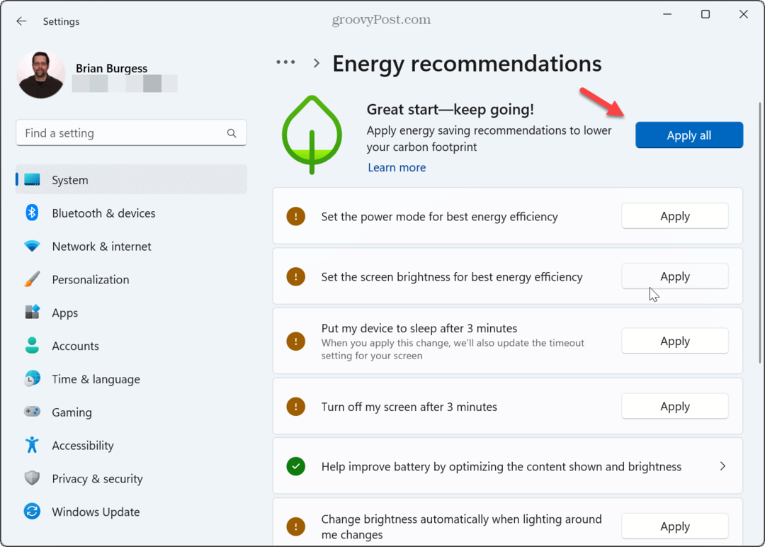 Sådan anvender du energianbefalinger på Windows 11