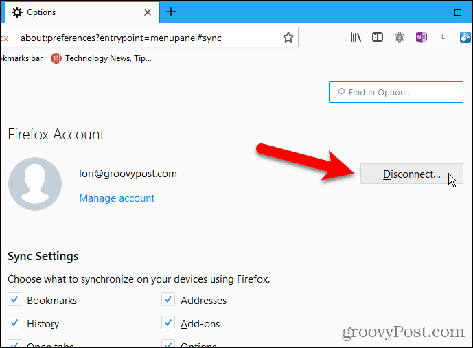 Klik på Afbryd forbindelse i Firefox til Windows