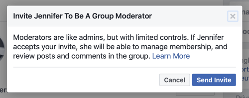 Sådan forbedres dit Facebook-gruppesamfund, eksempel på Facebook-beskeden, når et medlem vælges til at være en gruppemoderator
