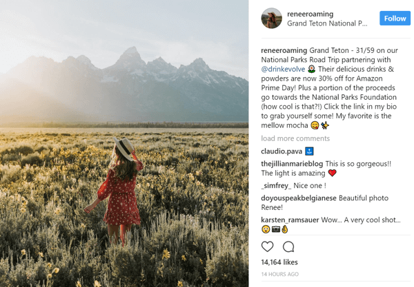 Instagram-influencer Renee Hahnel deler et Drink Evolve-rabatkampagnelink i sin biografi.