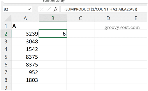 Beregning af det samlede antal unikke værdier i et celleområde i Excel