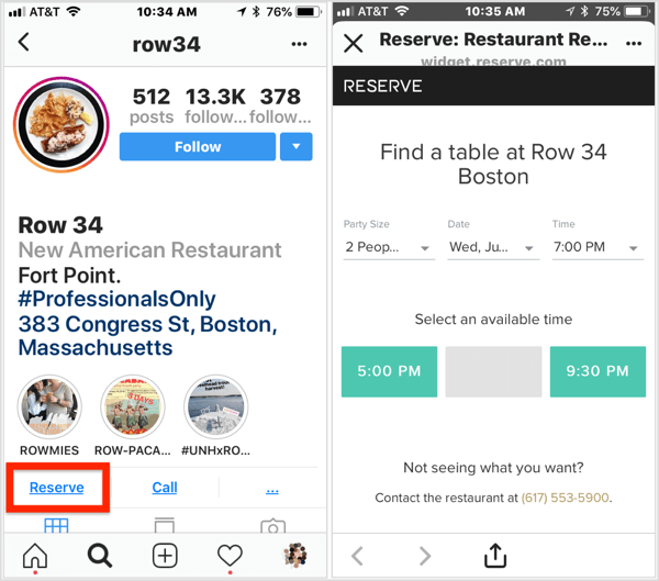 Klik på knappen Reserver på denne restaurantens Instagram-forretningsprofil for at foretage en reservation. 