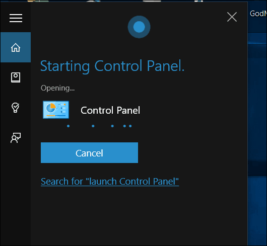 Windows 10 Cortana Åbn kontrolpanel