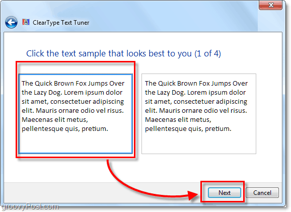 trin 1 i kalibrering af clearType i windows 7