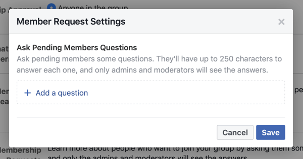 Sådan forbedres dit Facebook-gruppesamfund, eksempel på indstillinger for anmodning om Facebook-gruppemedlemmer, der giver mulighed for nye medlemsspørgsmål