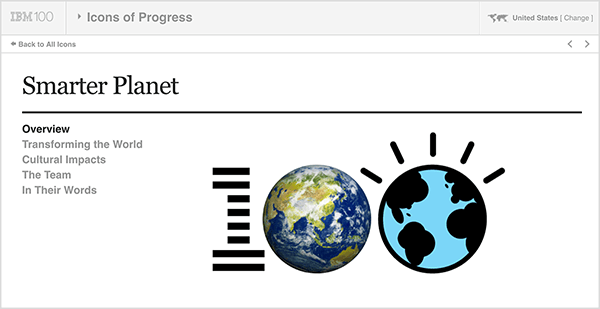 Dette billede er et screenshot fra IBM Smarter Planet. Øverst er der en lysegrå bjælke. Fra venstre mod højre på denne bjælke vises følgende: IBM 100-logo, rullemenuen Ikoner for fremgang, USA (som angiver brugerens land). Under den grå bjælke er der en hvid side med detaljer om initiativet. Under overskriften "Smarter Planet" er følgende muligheder: Oversigt, Transforming the World, Cultural Impacts, Teamet og med deres ord. Til højre for disse muligheder er der et stort 100-logo. 1 er stribet som IBM-logoet, det første nul er et foto af jorden, og det andet nul er en illustration af jorden. Kathy Klotz-Guest siger, at IBM Smarter Planet er et godt eksempel på at bruge historiefortælling til at udvikle nye ideer til din virksomhed ved at samarbejde med dine partnere eller kunder.