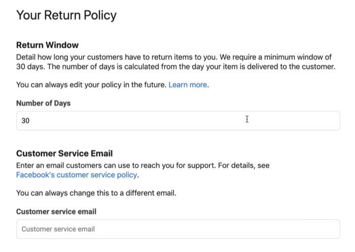 screenshot eksempel på tilbagevendepolitik for facebook og e-mail med kundeservice, som muligvis er tilgængelig
