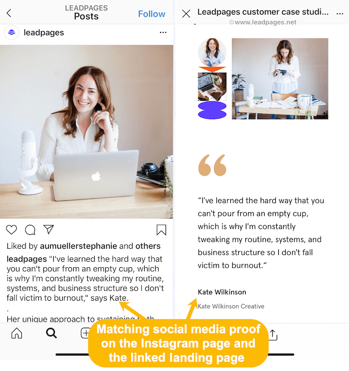 matchende kundehistorier på Instagram-feed og linket destinationsside