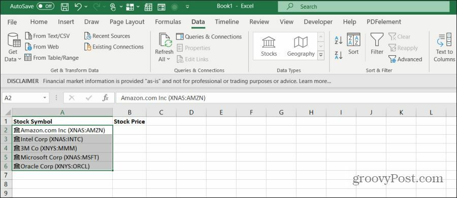 lager ticker symboler i Excel